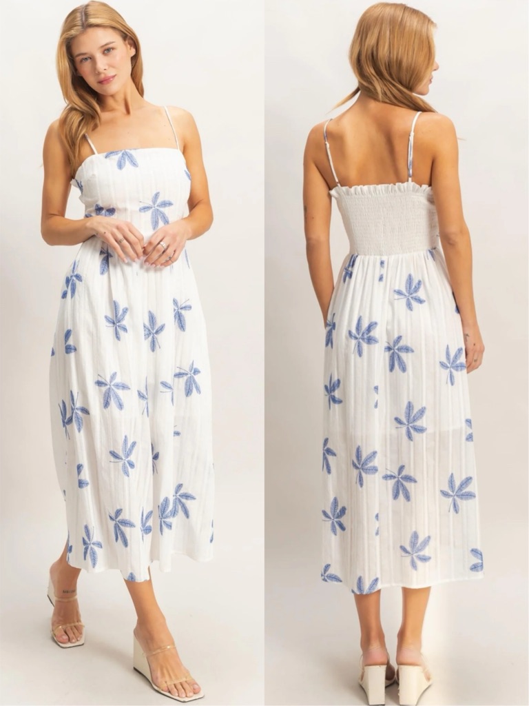 New Hyfve White Blue 100% Cotton Midi Dress Tropical Palm Leaf Embroidered
